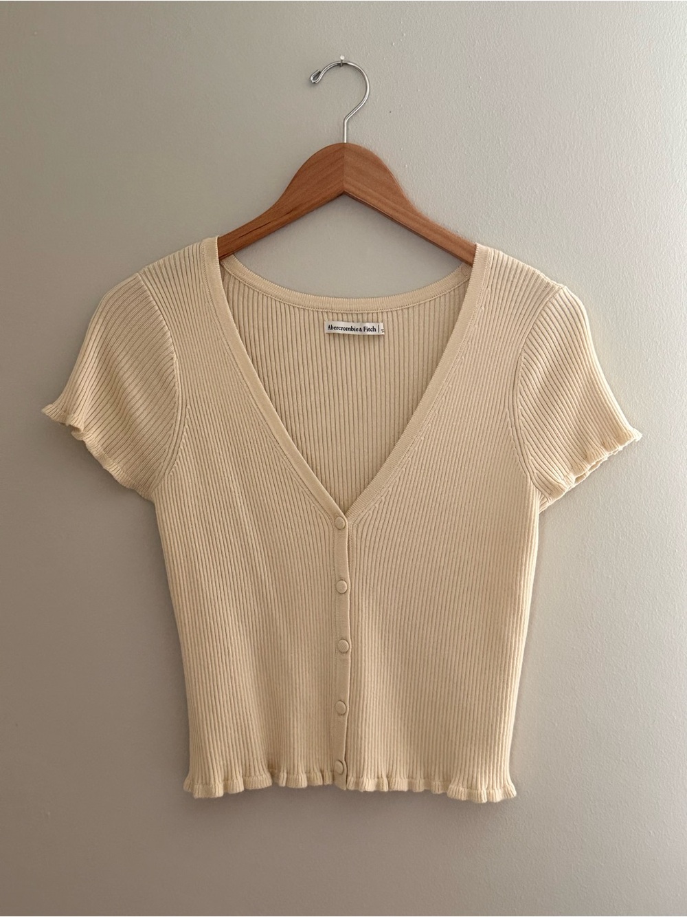 Abercrombie & Fitch Cream Ribbed Button V-Neck Crop Top
